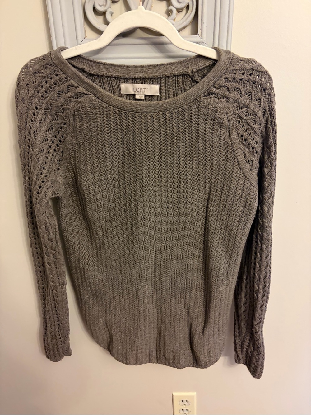 LOFT Dusty Gray Crewneck Knit Sweater with Lace-Detail Sleeves